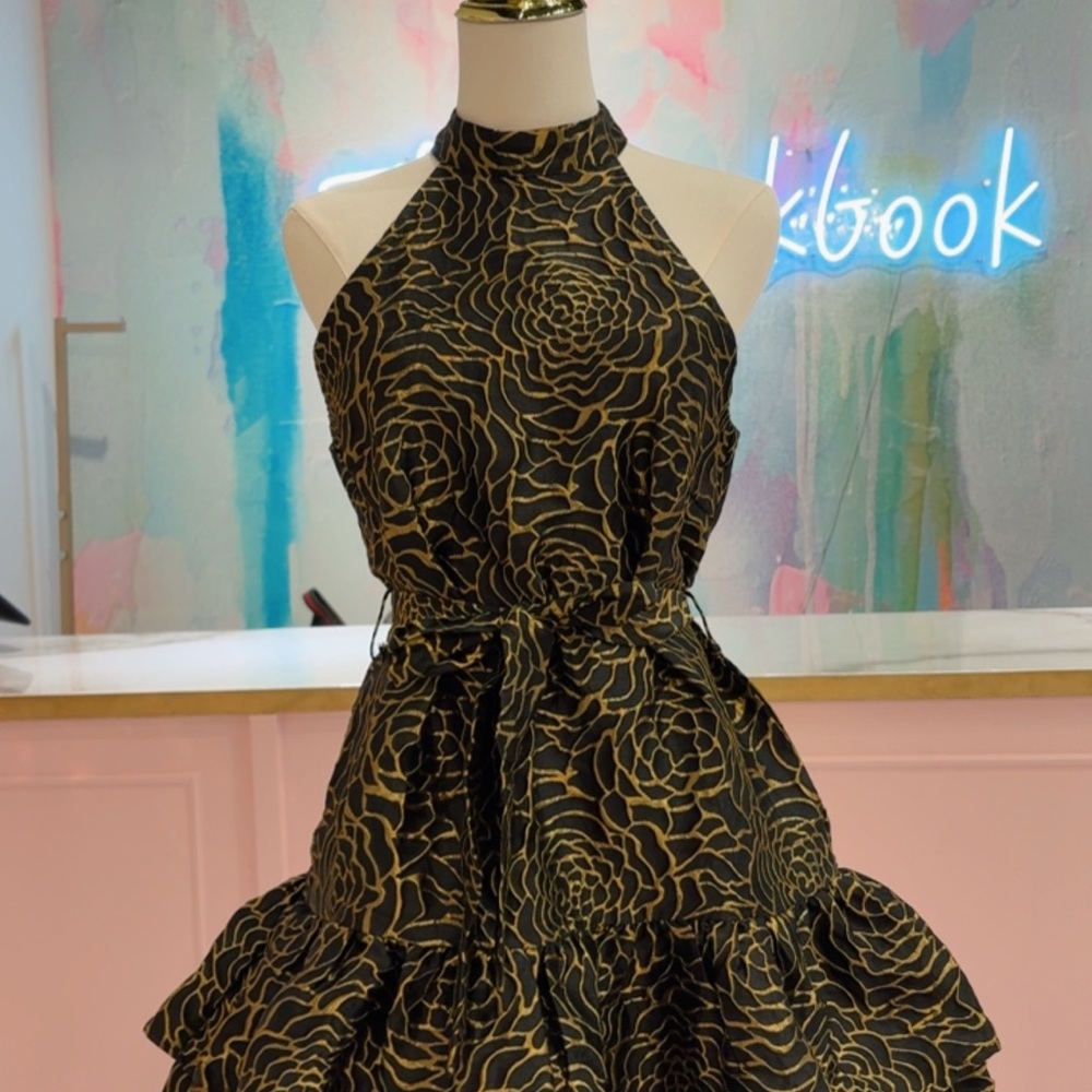 Ina Black and Gold Halter Mini Dress
